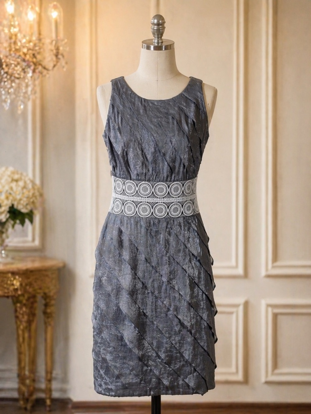 NWT London Times Silver Gray Cocktail Dress Size 8 Lace waist Ruffle Wedding